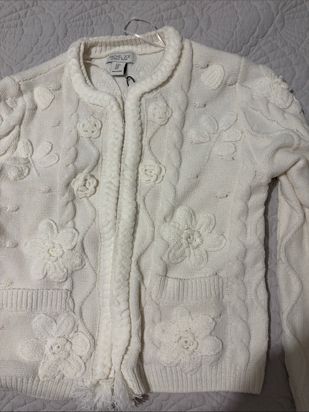 Rachel Zoe Off-White Floral Appliqué Cable Knit Cardigan